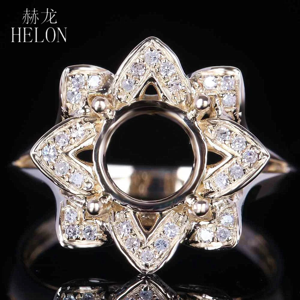 HELON Round 8-8.5mm Solid 14K AU585 Yellow Gold Natural Diamonds Semi Mount Engagement Ring for Wedding Bride Anniversary