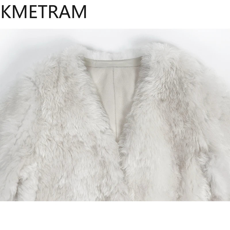 천연 투스카니 양털 양면 퍼 재킷 여성 고품질 V넥 화이트 리얼 퍼 코트 겨울 여성 의류 2025
