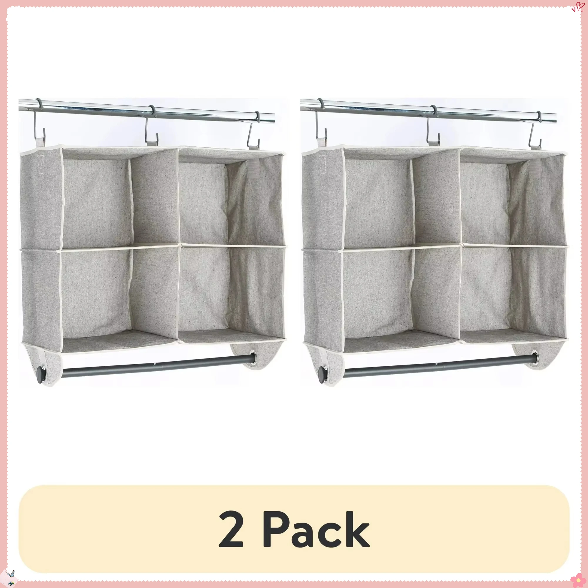 

(2 Pack) 4-Shelf Hanging Polyester Cotton Adult Closet Organizer with Hanging Rack, Space Saving Storage Solution