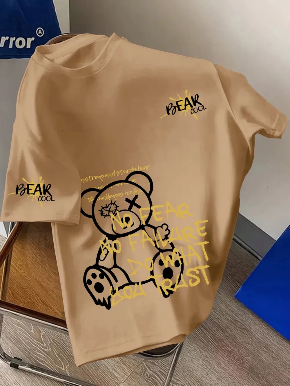 Fashionable men's summer personalized teddy bear letter print comfortable and breathable round neck T-shirt outdoor street top