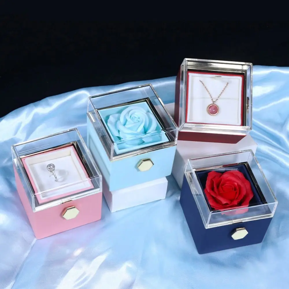 Eternal Rose Flower Jewelry Box Storage Case Double Lining Rotating Jewelry Box Acrylic 180 Degree Jewelry Gift Box