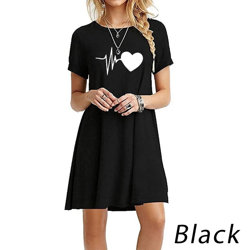 Womens Moda Verão Vestuário Casual Short Sleeved Impresso T-shirt Vestido Tripulação Pescoço Solto Mini Vestidos Saia Plus Size Vestido