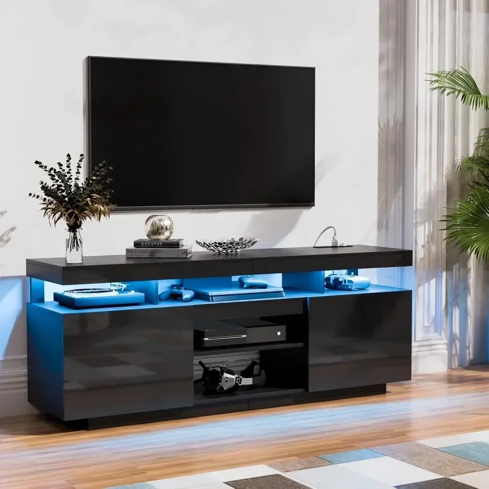 LED TV stand, modern entertainment center, game console with power outlets, storage media table with LED lights TV Stands