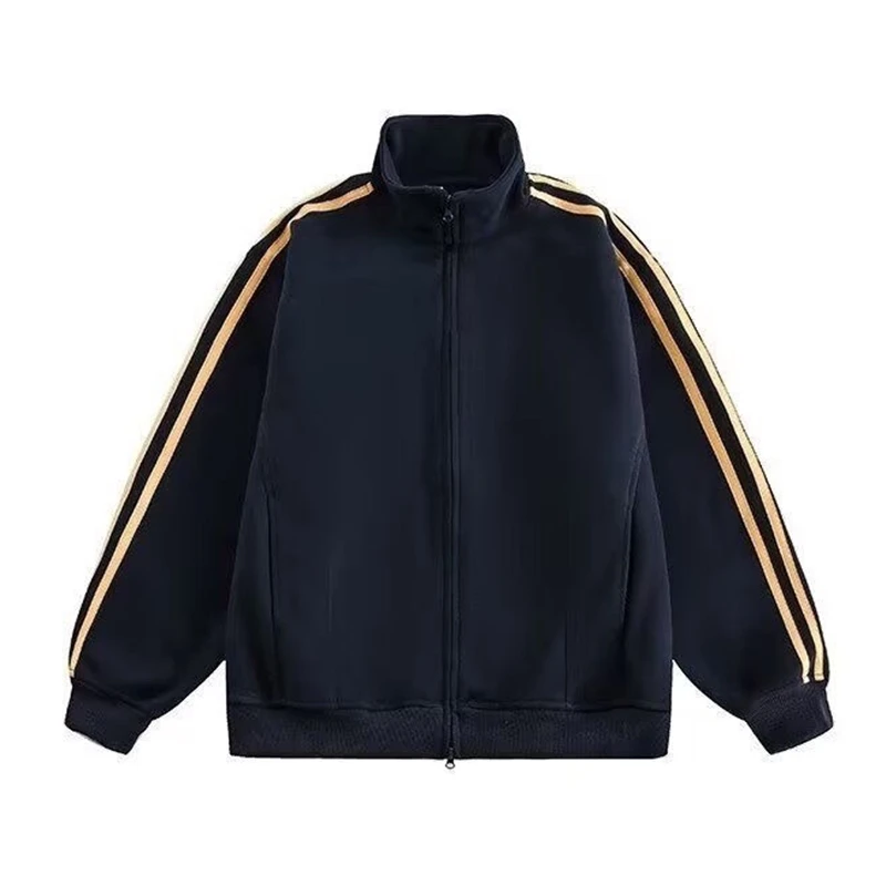 

American Sle Retro Tee-Stripes Sports Jaet Stand Collar Open Cardigan Loose Casual Sweatirt Couple Zipper Top