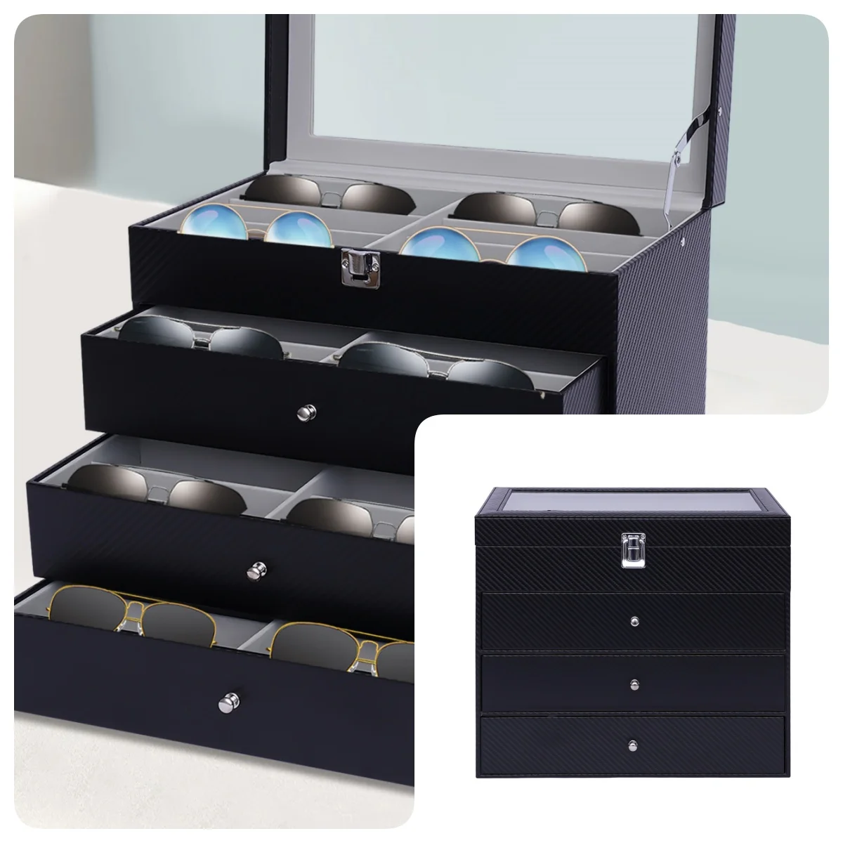 Sunglasses Storage Box 24 Slots Organizer Tranparent Glass Cover, 4 Layer Display Case with Drawer, Black