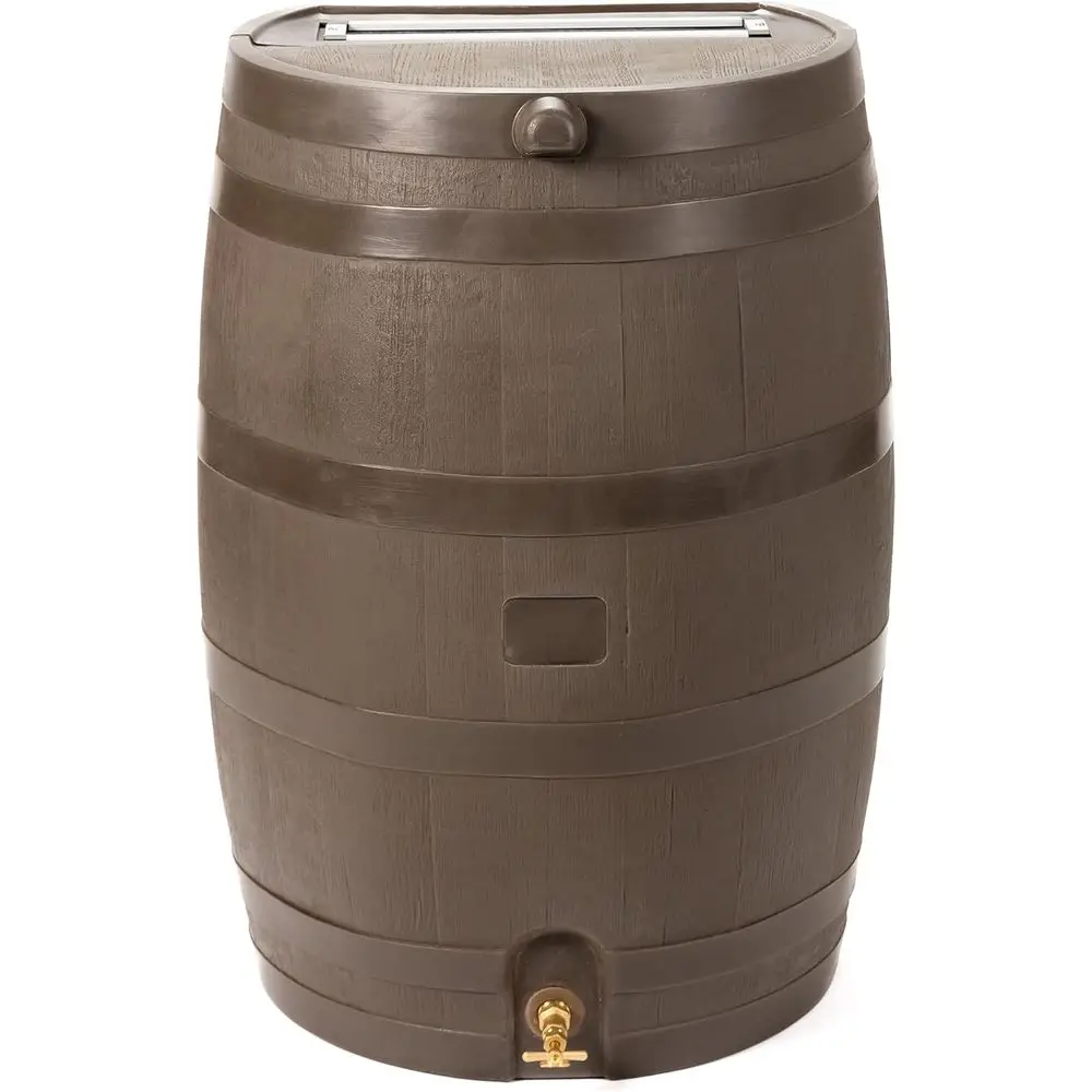 50-Gallon Walnut-Tone Rainwater Collection Barrel with Brass Tap