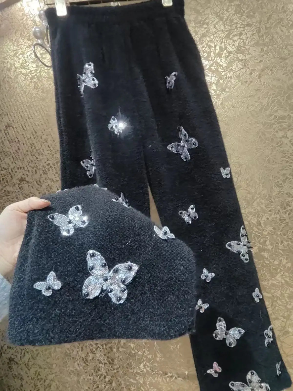 

Luxury Style Embroidery Pears Beaded Thick Knitted Long Pants For Women's Black Straight Wide-Leg Pants Autumn Winter Trouser