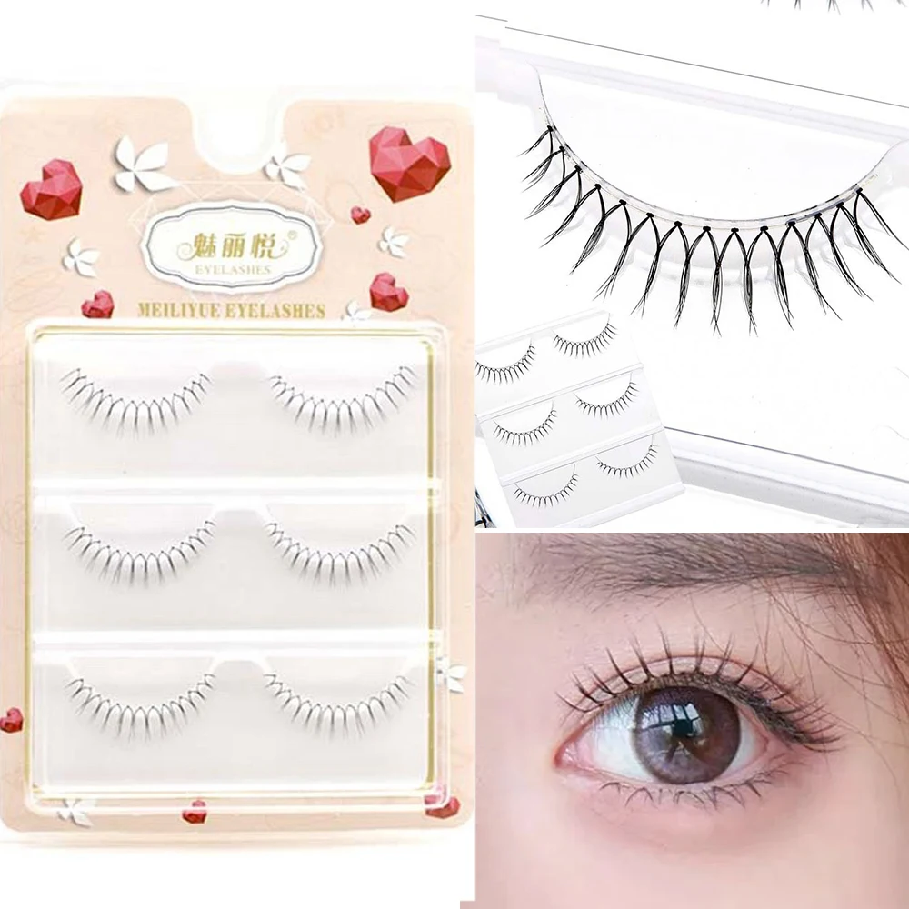 3 Pairs Korean False Eyelashes U Shaped Lashes Extension Makeup Tool Soft Natural Thin Transparent Stem Cross Fake Eyelashes