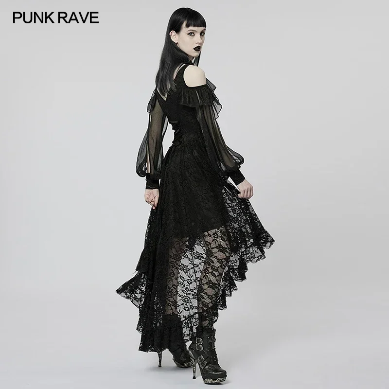 PUNK RAVE Women\'s Gothic Irregular Hem Lace Slim Fit Dress Sexy Off-the-shoulder Slit Sleeves Light and Flow Black Long Dresses