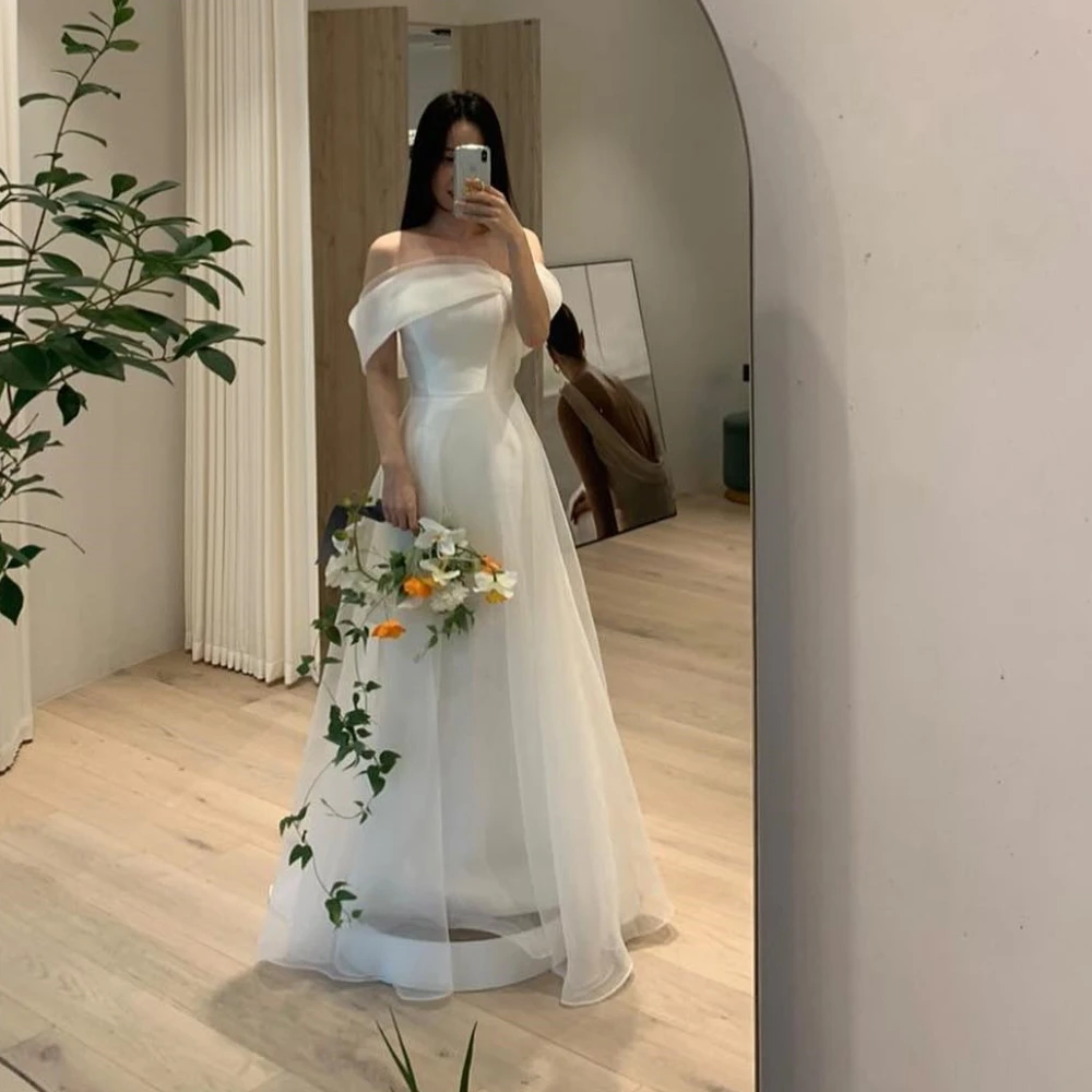 Sondr sem alças organza personalizado mangas curtas vestidos de casamento elegantes a linha marfim coreia vestidos de noiva femininos