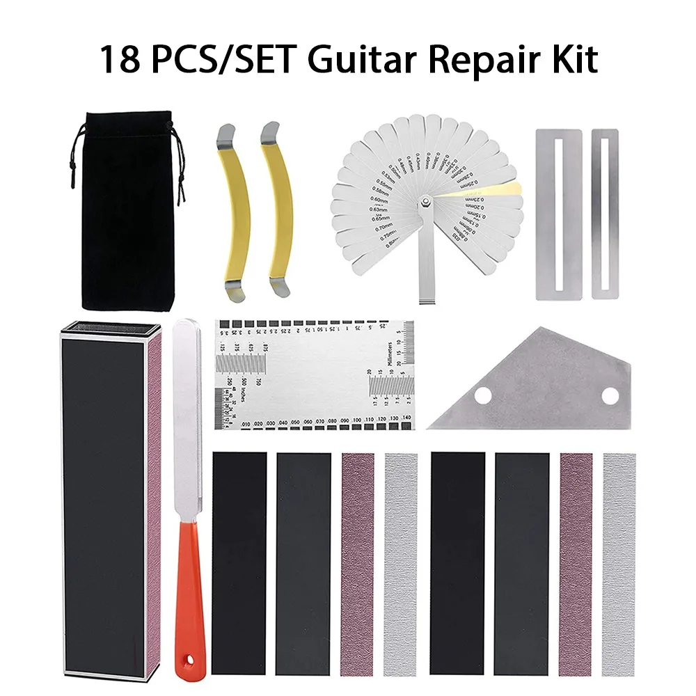 18PCS Professional Metal+Sanding Papers Guitar Repair Kit Multi-Color Guitar Luthier Tool Set Fret Leveling Beam Luthier Work