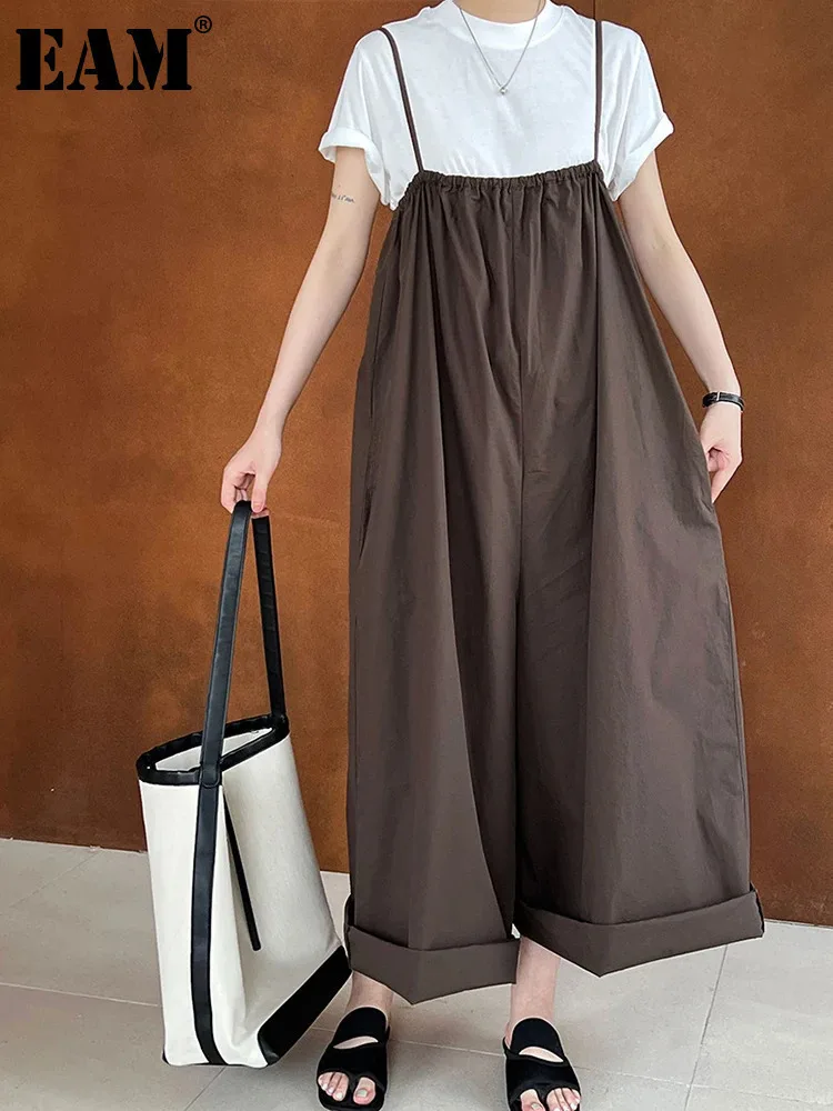 

[EAM] Women Khaki Brief Big Size Long Jumpsuit New High Waist Pocket Stitch Pants Fashion Tide Spring Autumn 2024 1DH6345