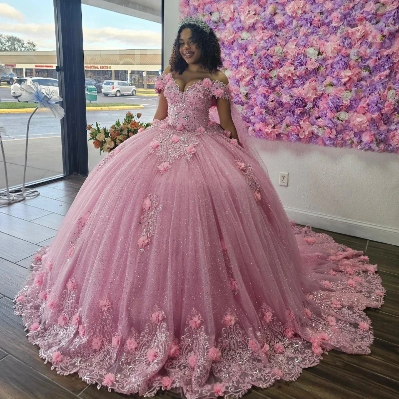 Pink Ball Gown Quinceanera Dress 3DFlower Applique Beading Sweetheart Tulle Princess With Cape Vestido De XV Años Brithday Party