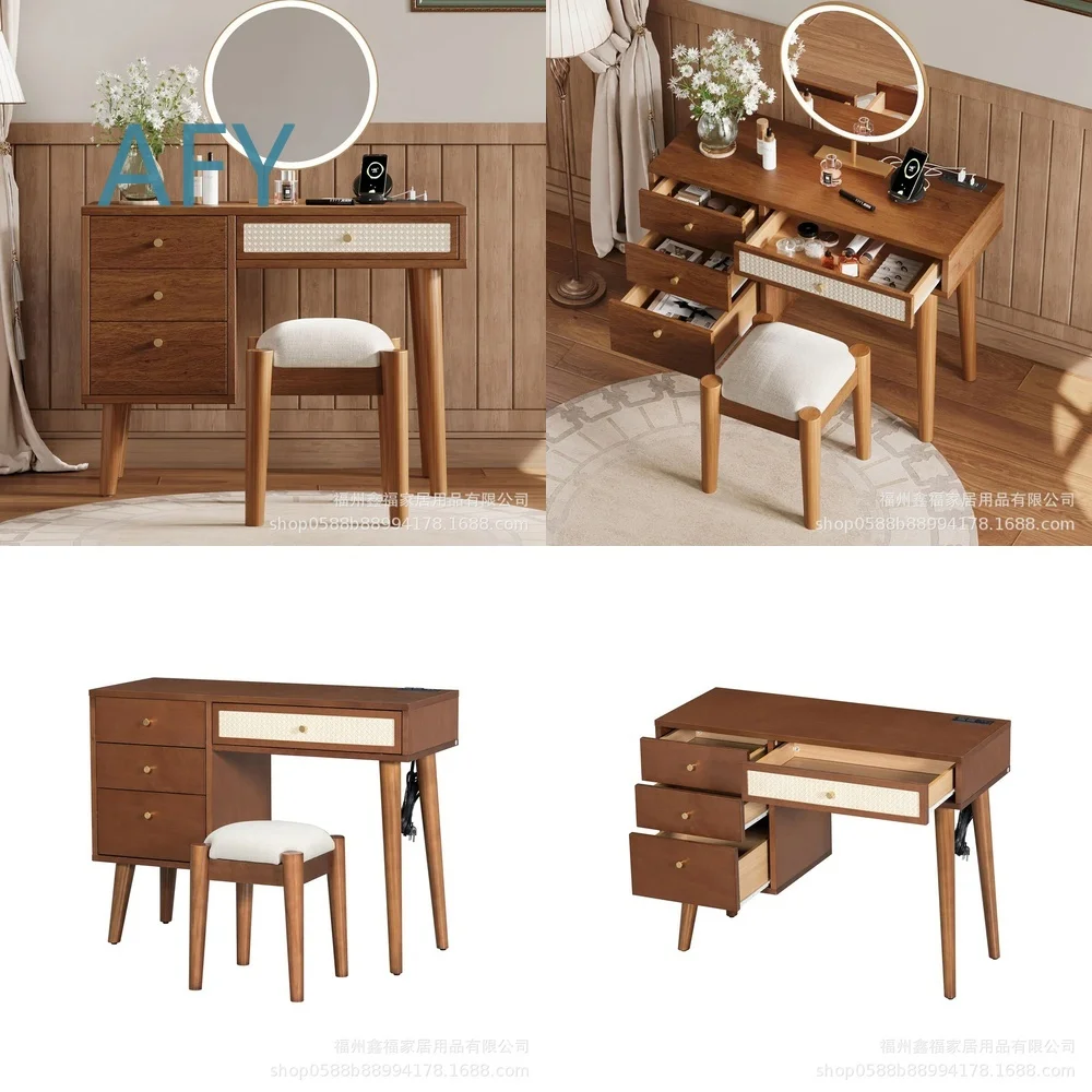 New Walnut Vanity Set with USB Charging Port Stool and 4 Storage Drawers for Modern Bedroom Bathroom Decor Furniture