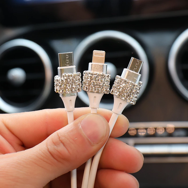 Bling Crystal Car Charger Charming Cute Auto Fast Charging with 1 in 3 Data Line Car Accessories for Android IPhone