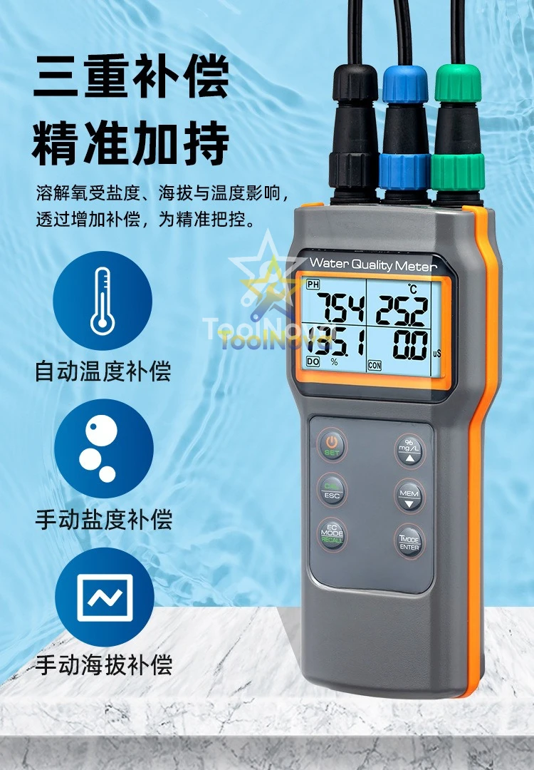 Detektor kualitas air enam-dalam-satu yang laris terjual, alat uji konduktivitas produk akuatik, pH, salinitas, berat jenis, TDS, pena uji AZ86032