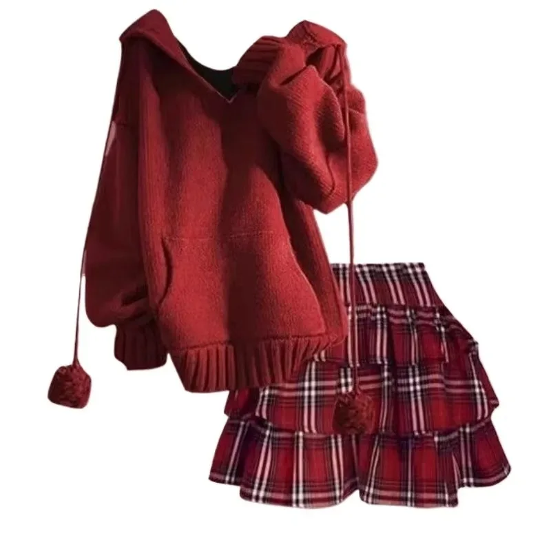 جديد النمط الأجنبي فضفاض وكسول معطف بقلنسوة تنوعا منقوشة تنورة قطعتين مجموعة رائعة بسيطة موضة الاتجاه شخصية #2