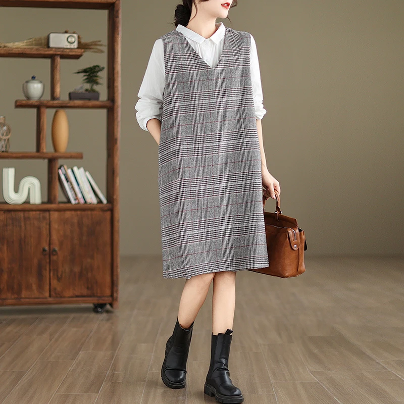 Jesienno-zimowa wełniana kamizelka w kratę Dr Women plus size z dekoltem w serek, elegancka kamizelka midi, modna koreańska kamizelka w kształcie litery A...