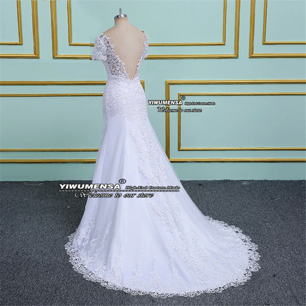 White Mermaid Wedding Dresses Short Sleeves Pearls Backless Women Marriage Bridal Gowns Plus Size Vestidos De Novias Real Photo