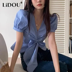 Summer V-neck Striped Printing Bow Shirt Ladies Puff Short Sleeve Waist Pullover Top Women Loose Casual Vintage Fashion Blouse