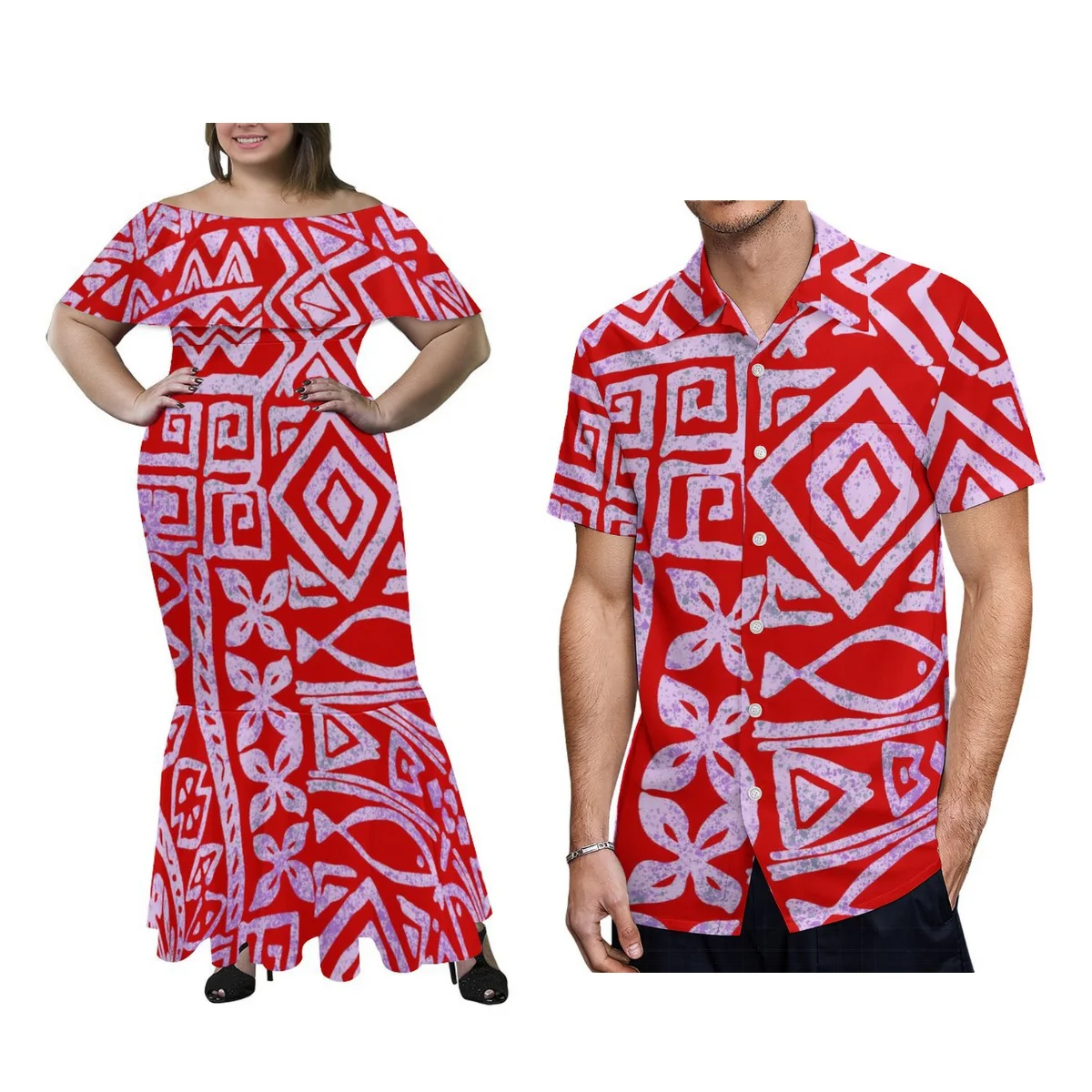 Polynesische Plus Size Dames Kleding Ruche Sexy Fishtail Dress Heren Shirt Fiji Print Aangepaste Samoa Koppels Costum