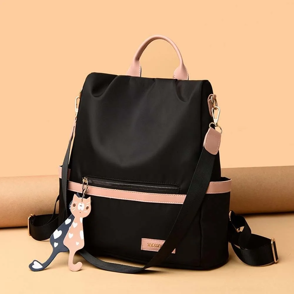 Polyester Women Daily Backpack Large Capacity Cat PU Pendant Oxford Cloth Daypack Anti-theft Scratch Prevention