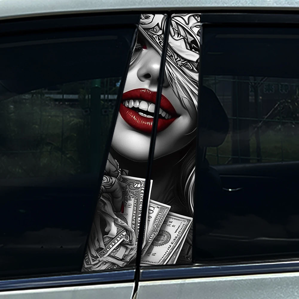 

2PCS Gangsta Girl with Red Lips and Dollar Bills Car B Pillar Sticker Waterproof Anti-Scratch Vinyl Decal Door Column Protector
