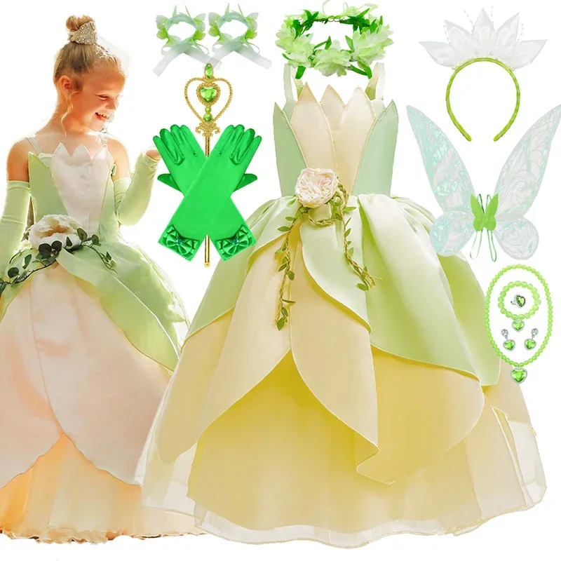 Tiana Cosplay Costume For Girls Fancy Princess The Frog Dress Carnival Birthday Party Kids Frock Ball Gowns Clothes 2-11 MN8