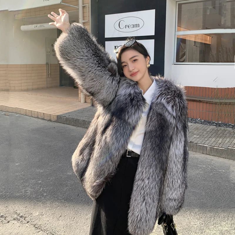 2024 Fashion Natural Silver Fox Fur Coat Women Fox fur Coat Black Real Fox Whole Skin Fur Winter Thick Soft Warm Fox Fur Jacket