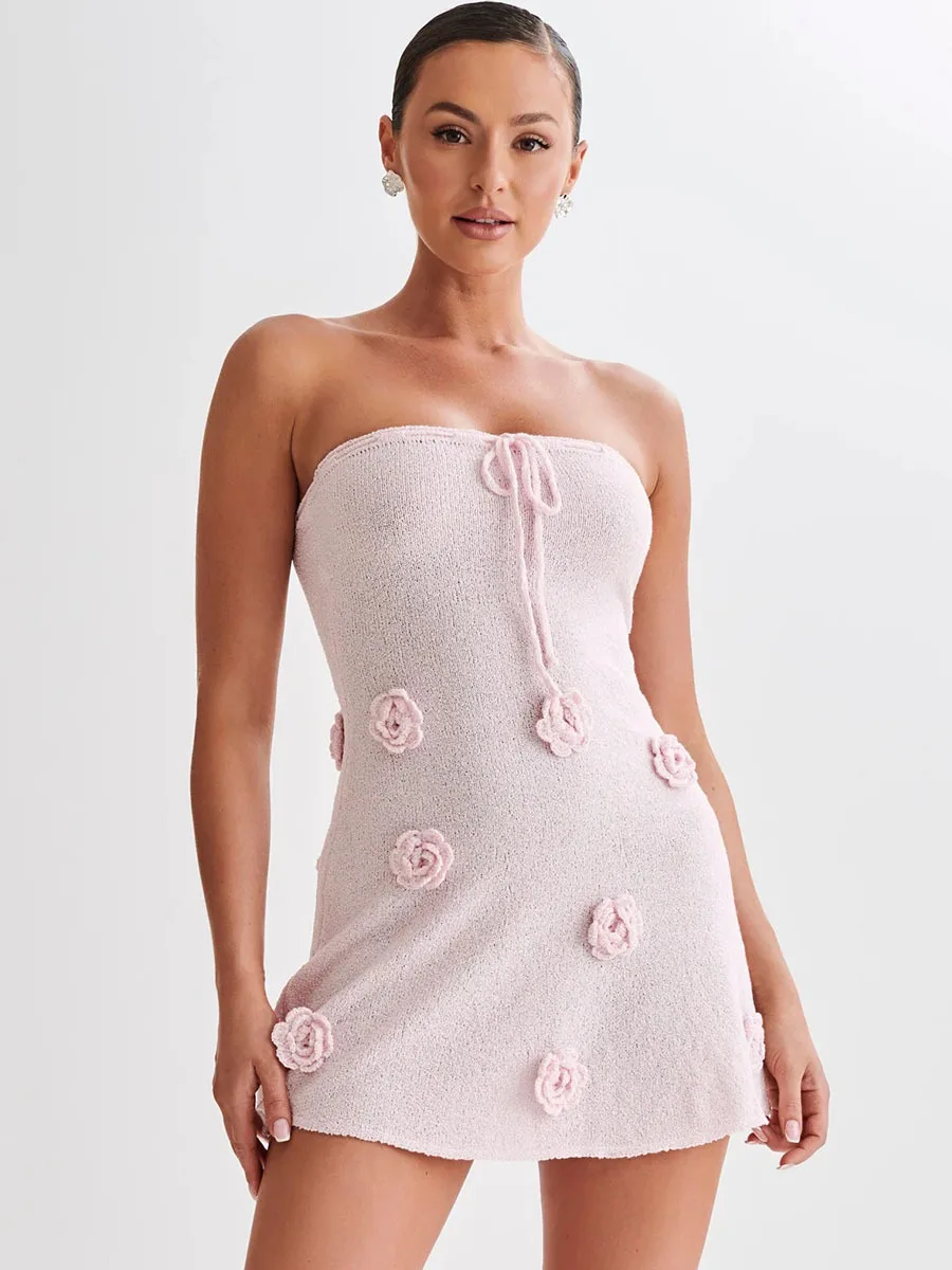 Elegant Pink Strapless Mini Dress Sexy Women 3d Flower Lace Up Backless Tight Short Dresses Evening Party Resort 2025 Summer New
