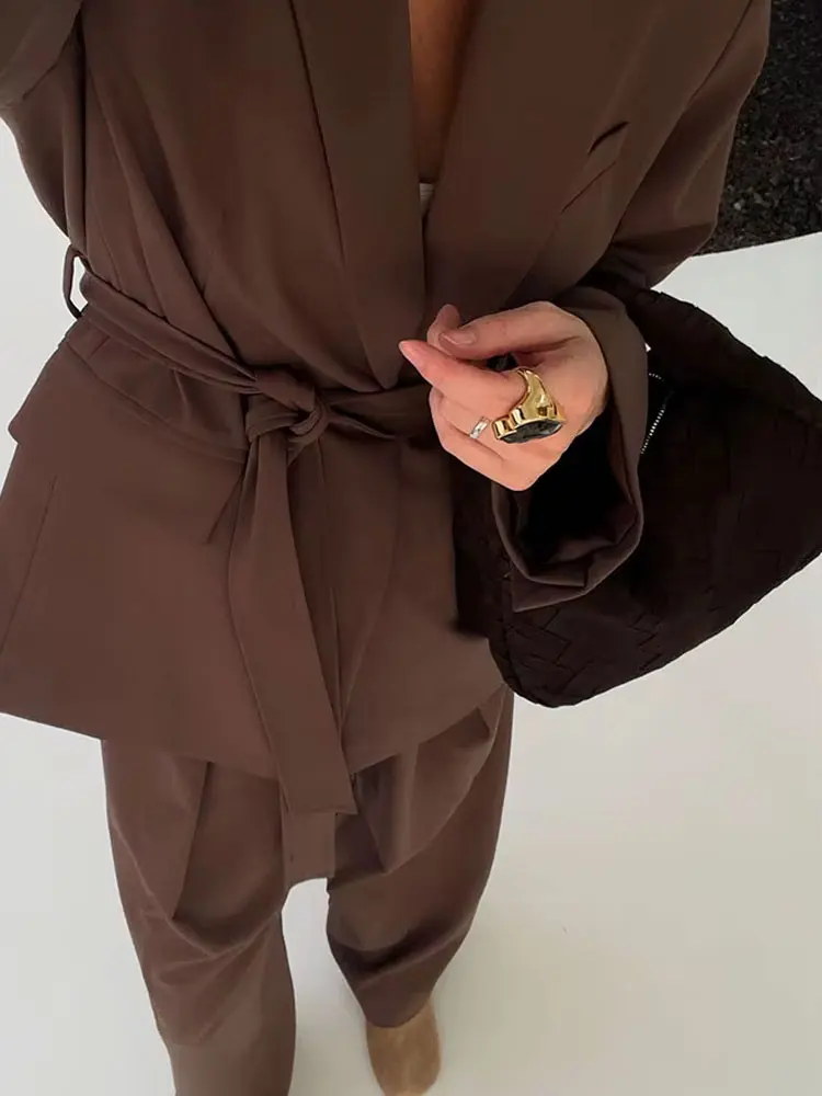 HH 2025 Set da 2 pezzi da donna elegante Cintura con tasca con risvolto Decora giacca blazer casual + Pantaloni lunghi con cerniera con bottoni larghi a vita alta