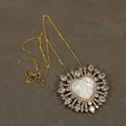 G-G White Shell MOP Cameo Virgin Mary CZ Micro Pave Heart Pendant Chain Necklace
