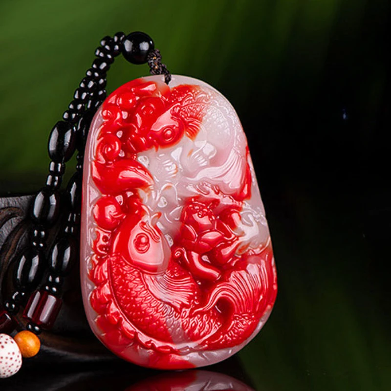 Hetian Yu Pendant, Men's and Women's Style, Jade Stone Necklace, Chicken Blood Yu, Year after Year, Yu Stone Double Fish Pendant