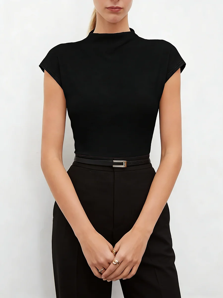 Women's High Neck Cap Sleeve Blouse Knit Fitted Top Minimalist Valentine Spring Summer Black Pants Chic Daily Lightweight Top