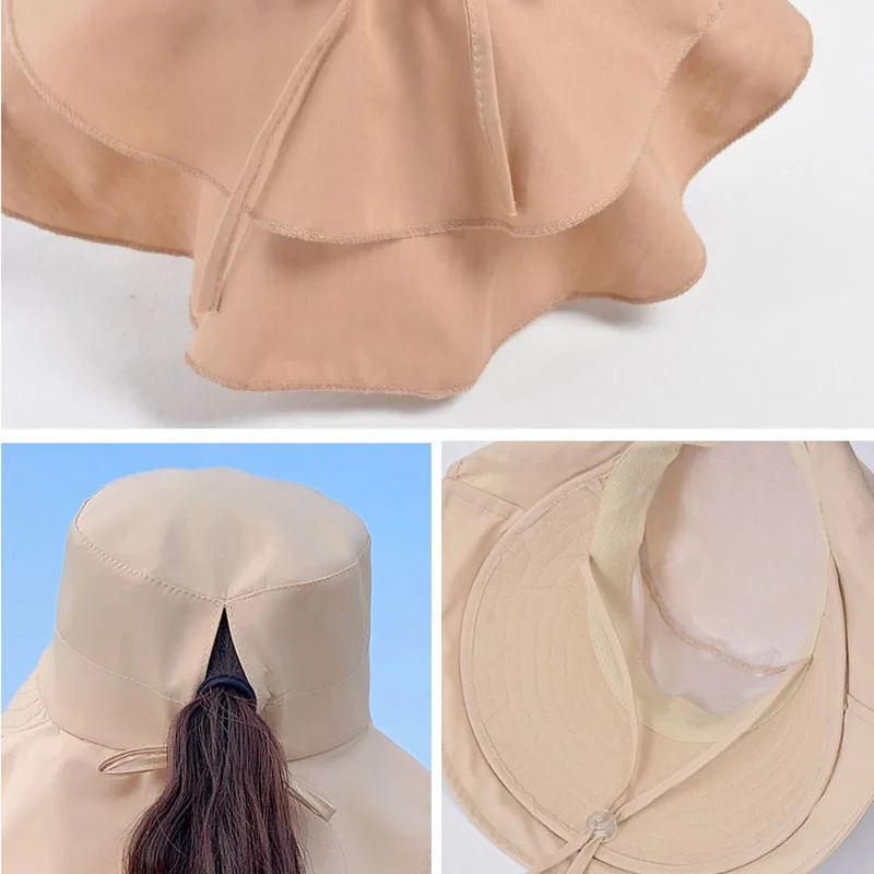 Women Waterproof Bucket Hats Summer Outdoor Sun Protection Ponytail Hole Hat Fashion Big Brim Hat Travel Fisherman Hat Sun Cap