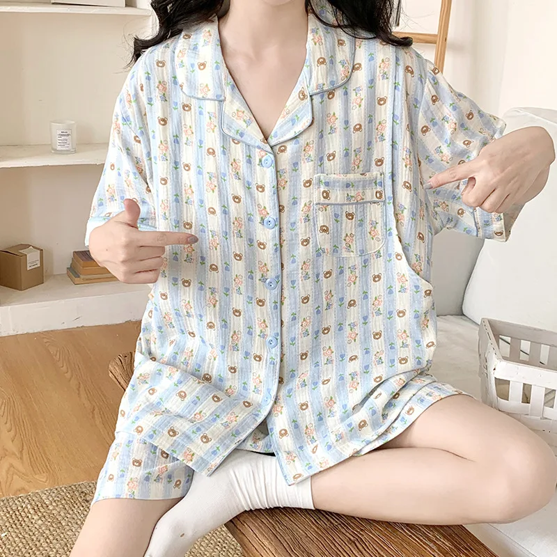 Pure Cotton Maternity Pajamas Side Open Breastfeeding Home Clothes Summer Short Sleeve Shorts Sleepwear Pregnant Nursing Nightie