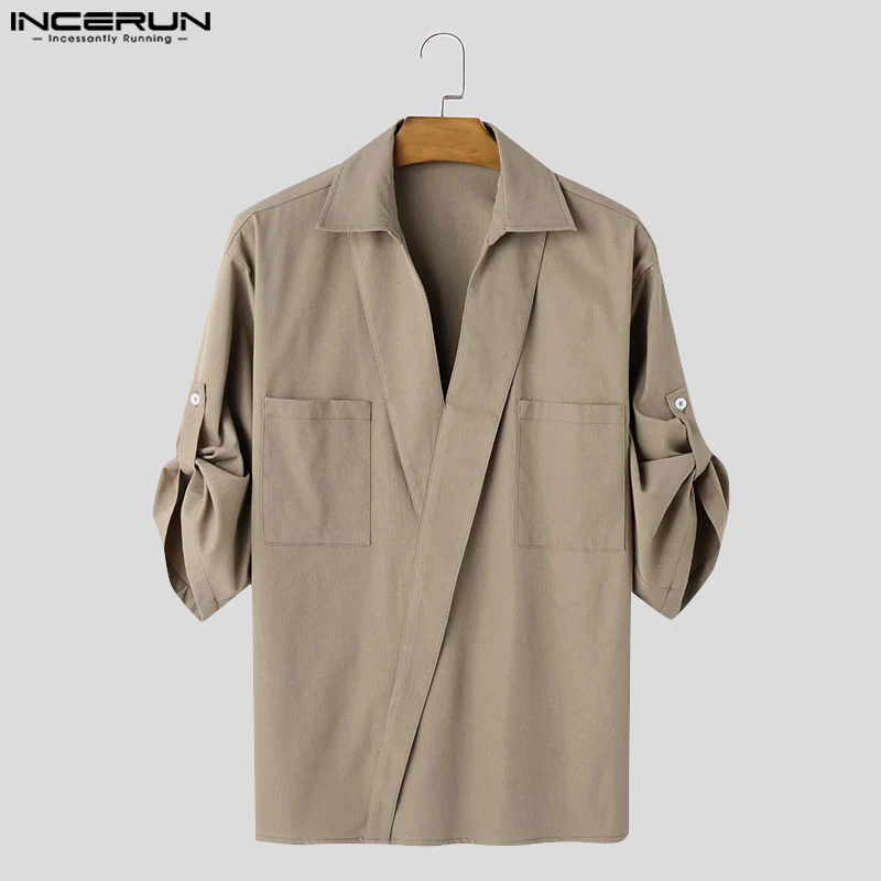 Fashion Casual Style Tops INCERUN New Men Loose Simple Pocket Design Shirt Handsome Male Solid All-match Mid Sleeve Blouse S-5XL