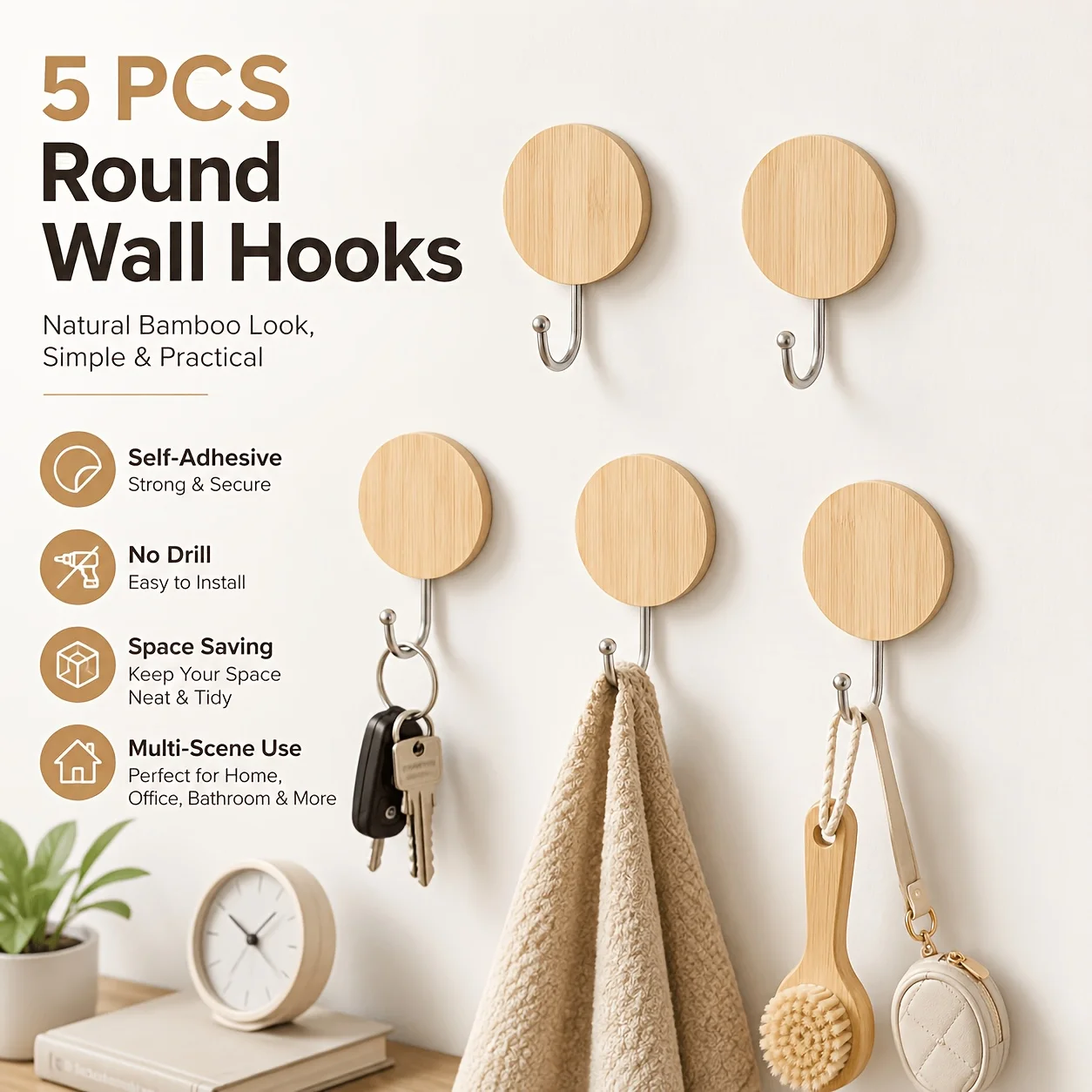 5Pcs Self-Adhesive Wall Hooks Without Holes, with Round Wooden Bases for Attaching Hooks. Suitable for Home Organization