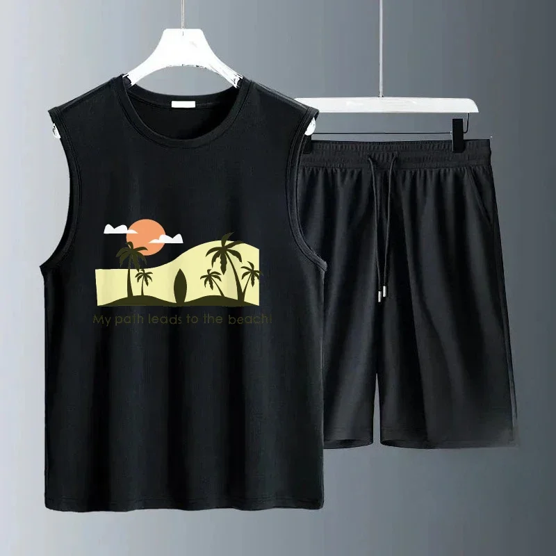 2025 الرجال الصيف موجة الغروب نمط طباعة أكمام مجموعات غير رسمية تنفس الزي اليومي مريحة المألوف الدعاوى الصالة الرياضية مجموعات