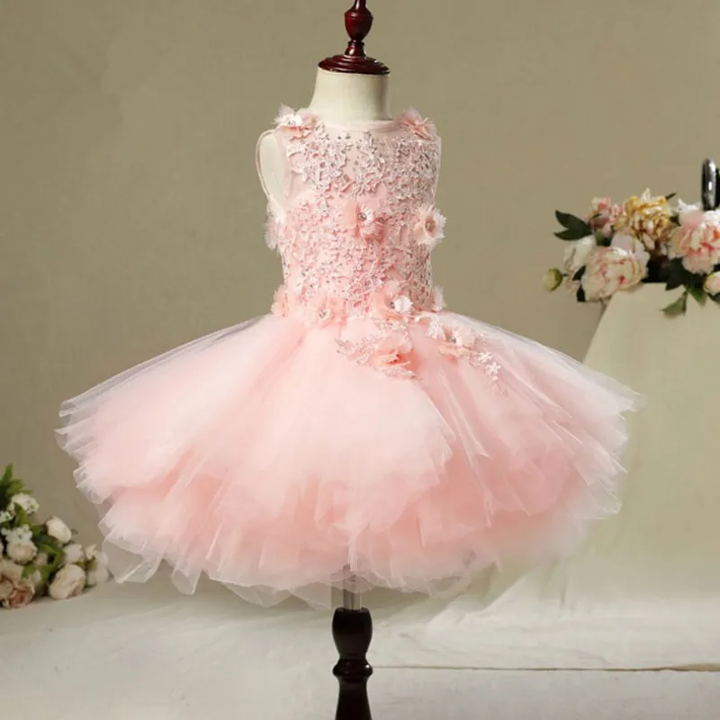 Elegant Long Trailing Appliques First Communion Dress Pink Tulle Ball Gown Girls Pageant Gown Flower Girl Dress for Weddings