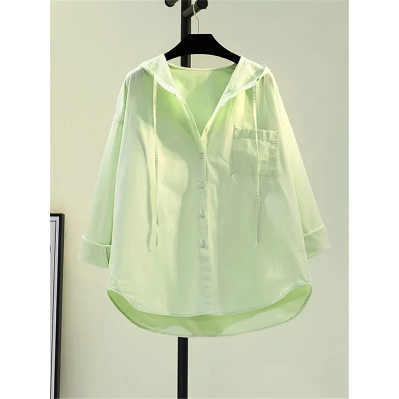 Modieus Koreaans los effen kleur eenvoudig overhemd met lange mouwen en knopen, casual lente en zomer lichtgewicht dameskleding