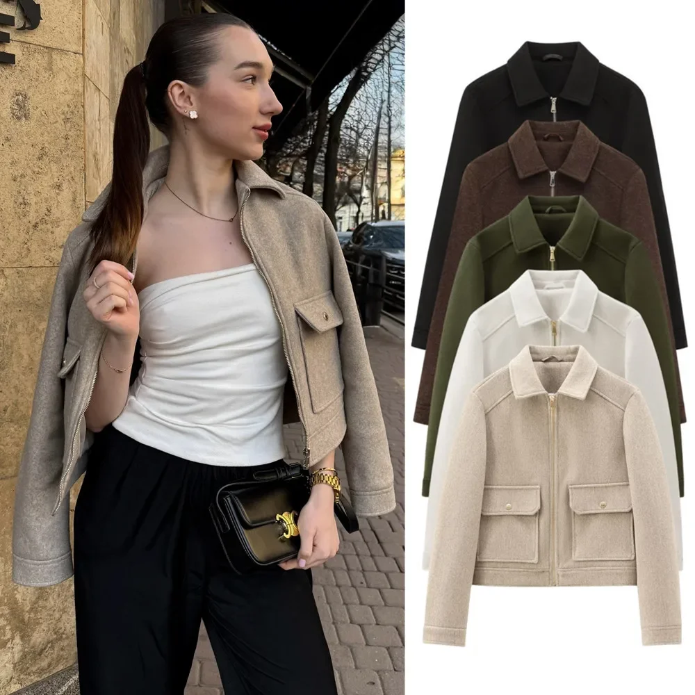 

autumn and winter new women's clothing pocket zipper decoration soft simple long-sleeved lapel short jacket