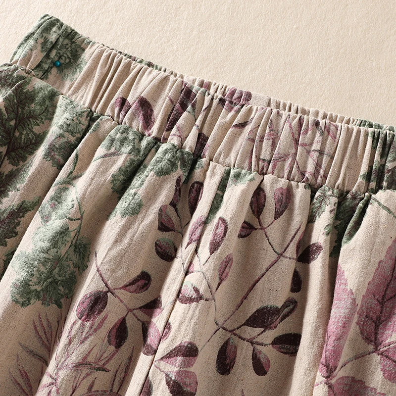 Women's Summer Comfortable Loose Waist Printed Cotton Linen Wide Leg Pants Thin Model Casual Eighteen Pants Floral Pattern