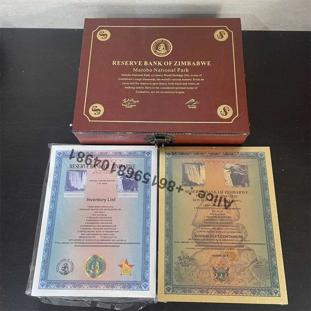 

Zimbabwe Gold Banknotes Googolplex Containers Dollar Bill With GOOGOLPLEX Containers scroll Paper In Box