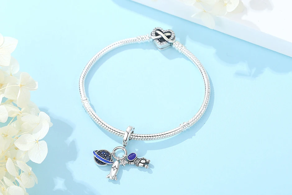 Original 925 Sterling Silber Charms Stern Mond Sonne Astronaut Anhänger Perlen Passend für Marken-Armbänder Halsketten Damen DIY Schmuck – Detail 4