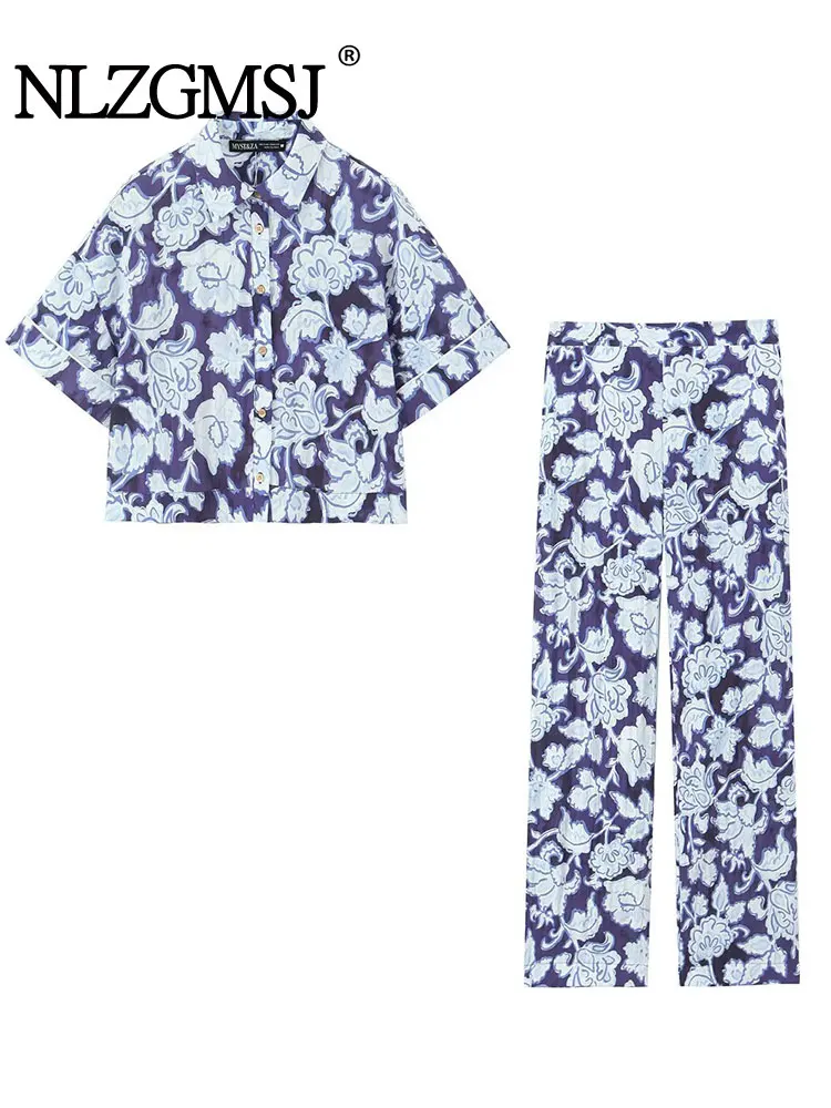 

2025 Summer Vintage Chic Women Suit Printing Turn-down Collar Single Breasted Blouse Loose Pants Fashion Holiday Sets