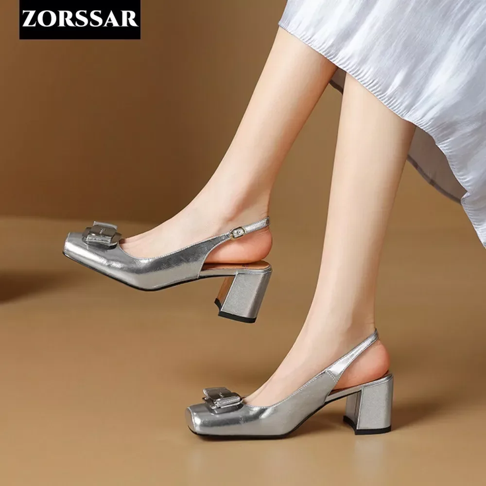 2024 Women Summer Genuine Leather Slingback Pumps Office Lady Square Heels Sandals Elegant Square Toe Female Sexy High Heels