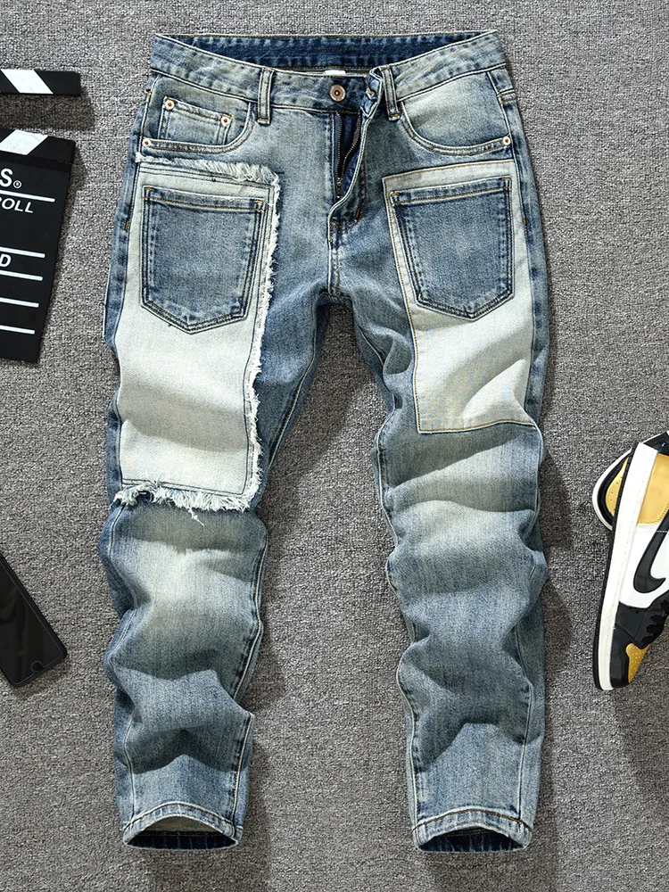 กางเกงยีนส์วินเทจผู้ชายสไตล์เรโทร ดีไซน์แฟชั่นสตรีททรงสลิมฟิต ขาตรงเล็กน้อย รุ่นใหม่ปี 2025