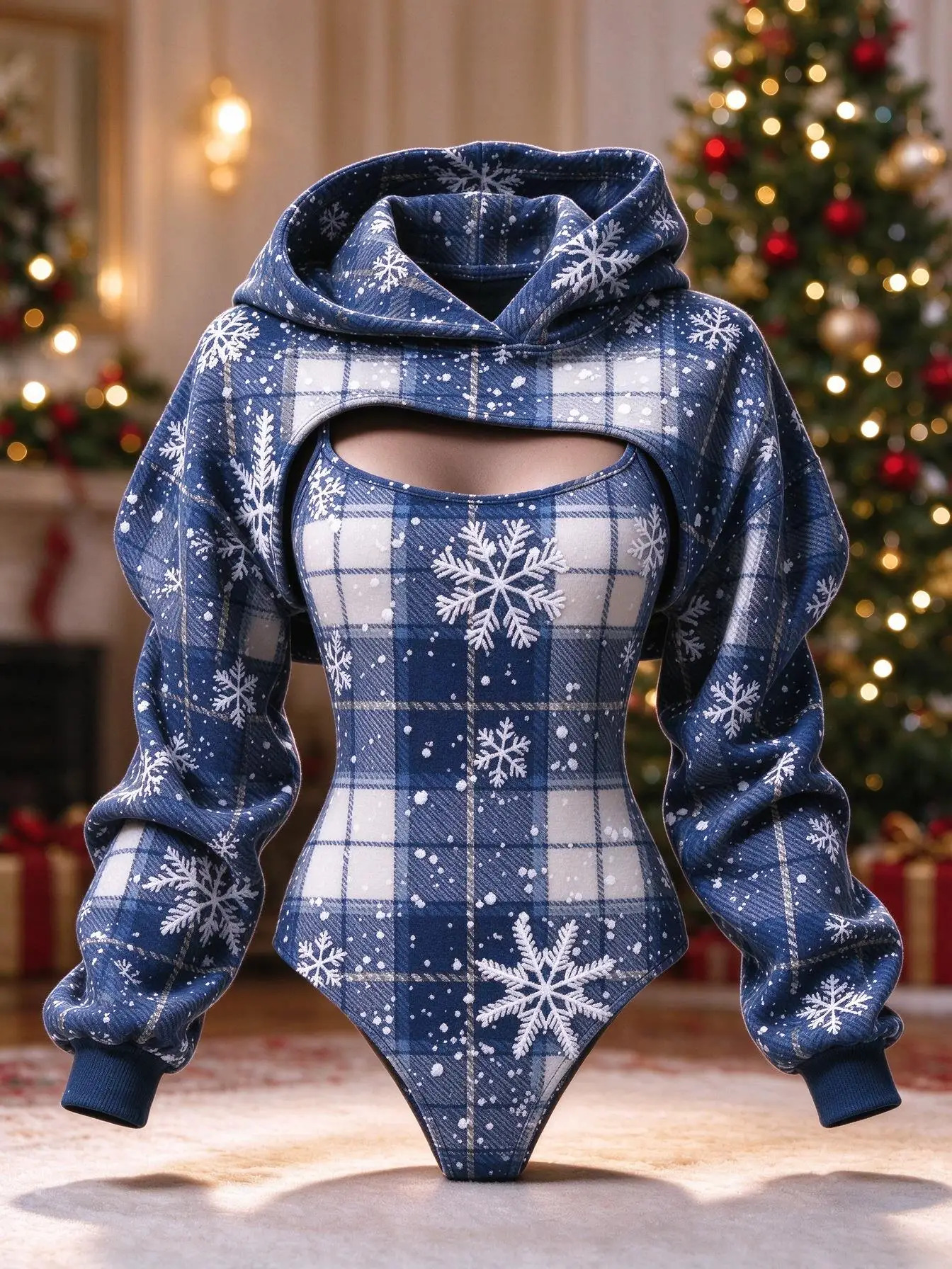 Women Christmas Plaid Snowflake Print 2Pcs Outfit, Long Sleeve Hooded Shrug & Slim Bodysuit Set