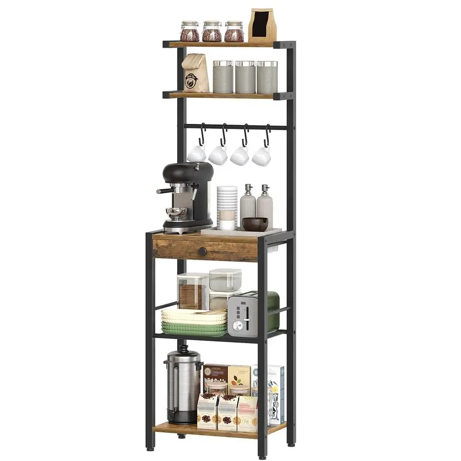 

Bakers Rack, 5Tier Coffee Bar Station, Coffee Stand with Pod Drawer Holder, Versatile Kitchen Storage Rack with 4 Hooks, for Li